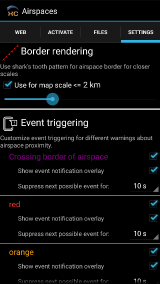 XCTrack 0.5.1.1 Airspace settings